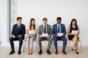 Job Search Candidates. A diverse group of five professionally dressed job candidates seated in a bright, modern waiting area with sunlight streaming through a window. They each hold documents and appear calm and focused, preparing for interviews in a clean, minimalist office environment.
