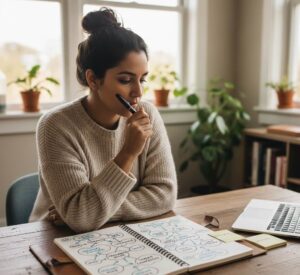 How to write a professional CV. A professional-looking person at a desk, looking thoughtful and strategic, perhaps with a mind map or a notepad with ideas rather than a computer screen showing a formatted document.