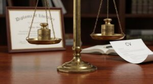 How to Write a Professional CV. balanced scale, with "Honesty" on one side and "Strategy" on the other, indicating they need to be in equilibrium. Perhaps a CV or diploma is subtly present in the background.