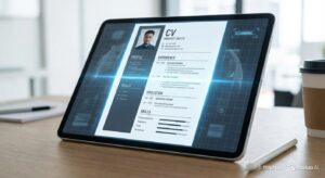 How to write a professional CV. A clean, modern CV on a screen or tablet, with subtle visual cues indicating it's being scanned or processed by a digital system (e.g., faint glowing lines or a digital overlay). Emphasize simplicity and clear sections.