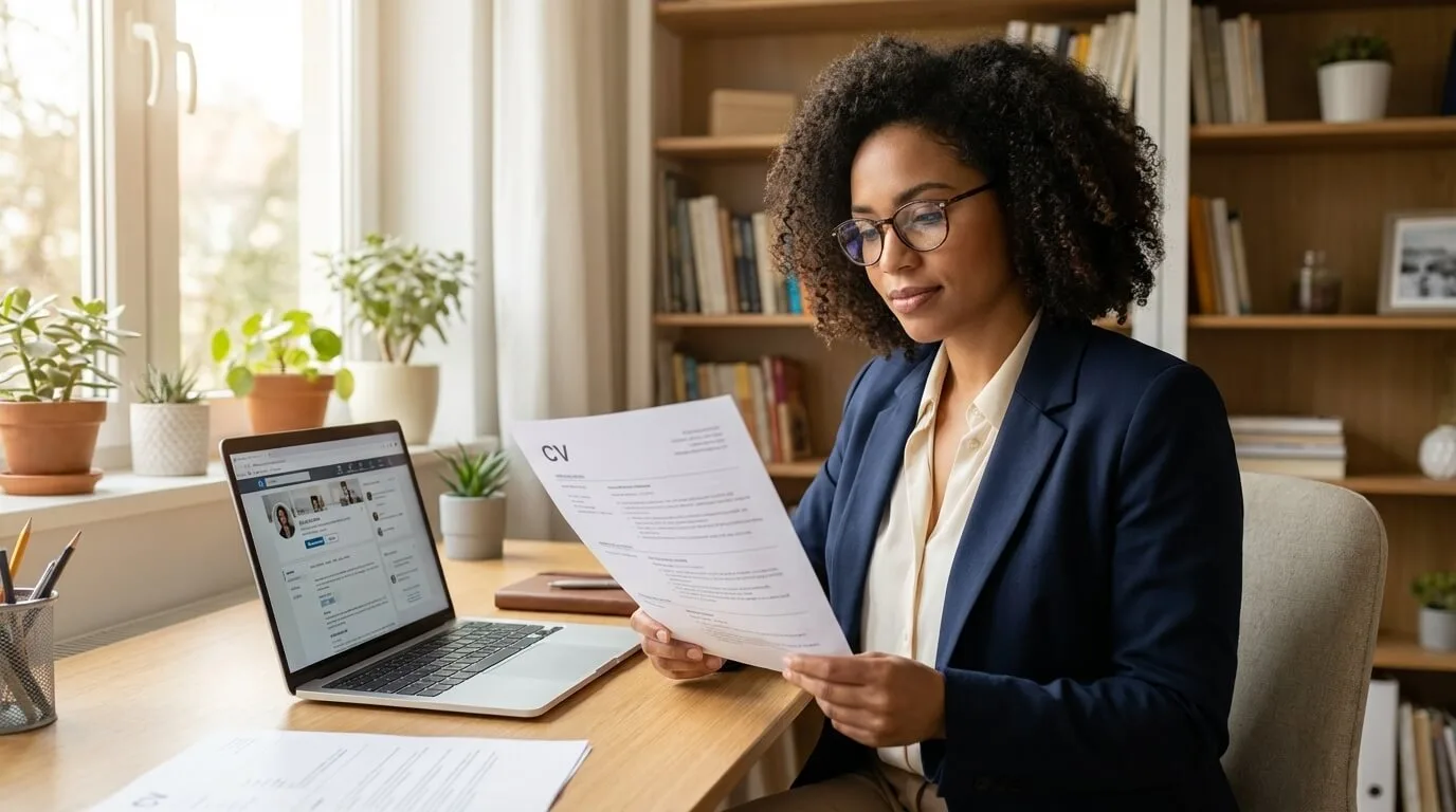 How to Write a Professional CV When You Can’t Afford a CV Writing Service. A professional lady sitting at a tidy desk, holding a printed CV with a laptop beside them.