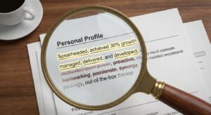 How to Write a Professional CV. A magnifying glass hovering over a section of text that looks like a CV's personal profile. Some words are highlighted as "good" (e.g., action verbs, achievements) while others are faded or crossed out (buzzwords).