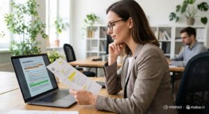 How to Write a Professional CV. A professional-looking person (diverse, any gender) at a desk, looking thoughtful and strategic, perhaps with a mind map or a notepad with ideas rather than a computer screen showing a formatted document. 