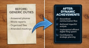How to Write a Professional CV. A magnifying glass hovering over a section of text that looks like a CV's personal profile. Some words are highlighted as "good" (e.g., action verbs, achievements) while others are faded or crossed out.