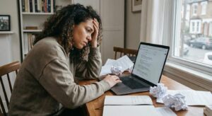 How to write a professional CV. A frustrated lady with scrunched up paper on desk searching on her laptop. 