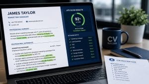 ATS keywords highlighted in a CV document on a laptop screen