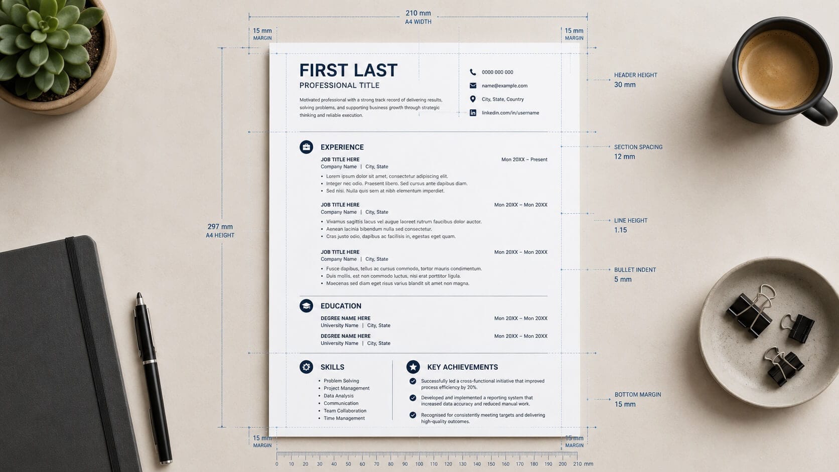 Professional CV format example showing a clean, well-structured layout on a desk