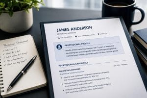 Professional writing a CV personal statement on a laptop using Smart CV Builder