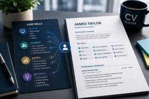 Job seeker building a CV skills section on a laptop
