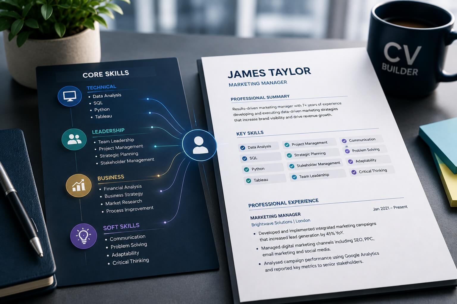 Job seeker building a CV skills section on a laptop