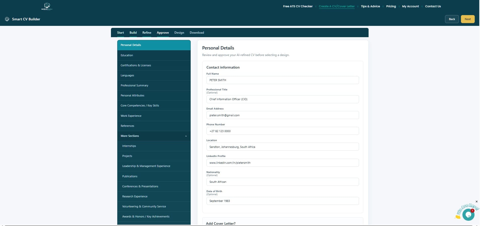 How to Create a Professional CV in Minutes | Smart CV Builder 10 AI rewriting screen showing 45% progress bar and Rewriting your CV with AI loading modal