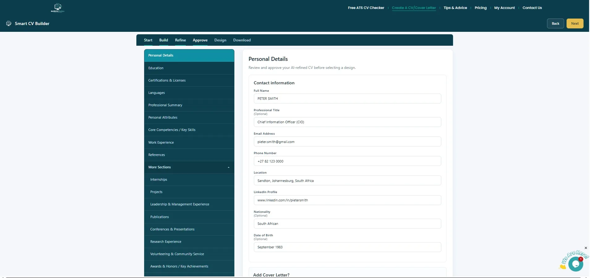 AI rewriting screen showing 45% progress bar and Rewriting your CV with AI loading modal