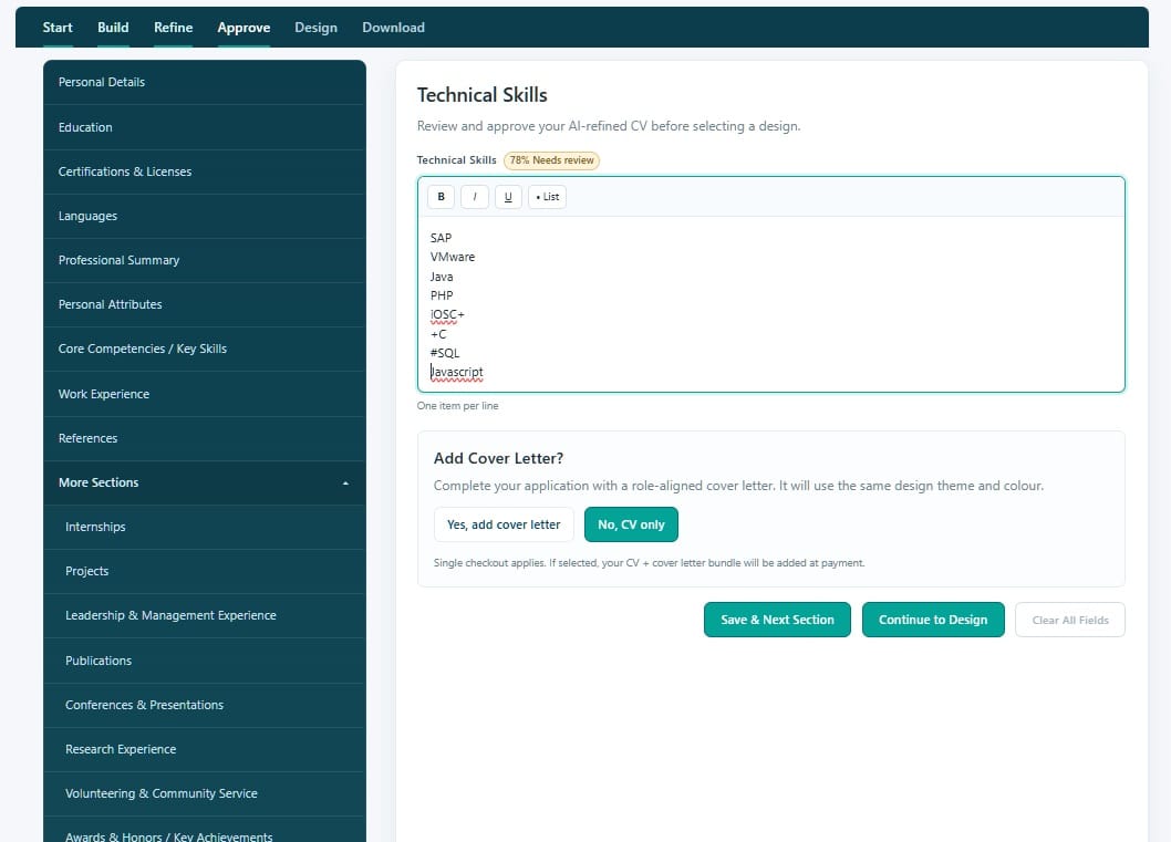 How to Create a Professional CV in Minutes | Smart CV Builder 11 Approve stage showing Personal Details section with all fields pre-filled and review prompt
