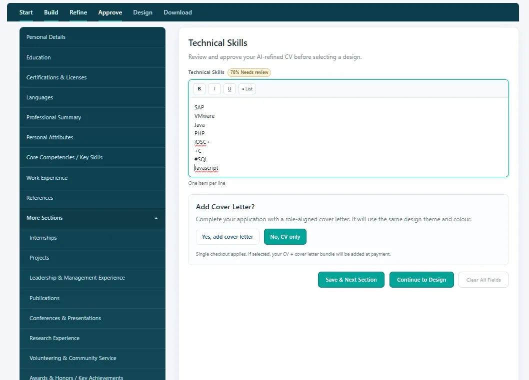 Approve stage showing Personal Details section with all fields pre-filled and review prompt