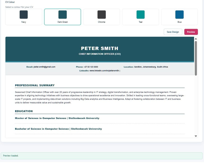 How to Create a Professional CV in Minutes | Smart CV Builder 13 Design stage showing four CV template options and five colour swatches