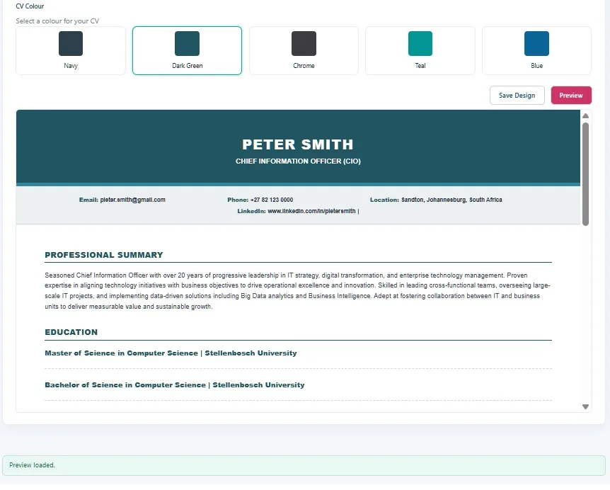 Design stage showing four CV template options and five colour swatches
