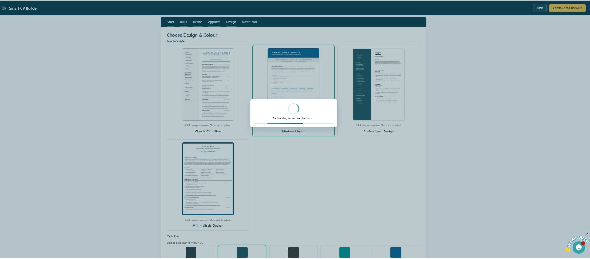 How to Create a Professional CV in Minutes | Smart CV Builder 14 CV preview loaded showing Modern Linear Dark Green design with Peter Smith's details, professional summary and education