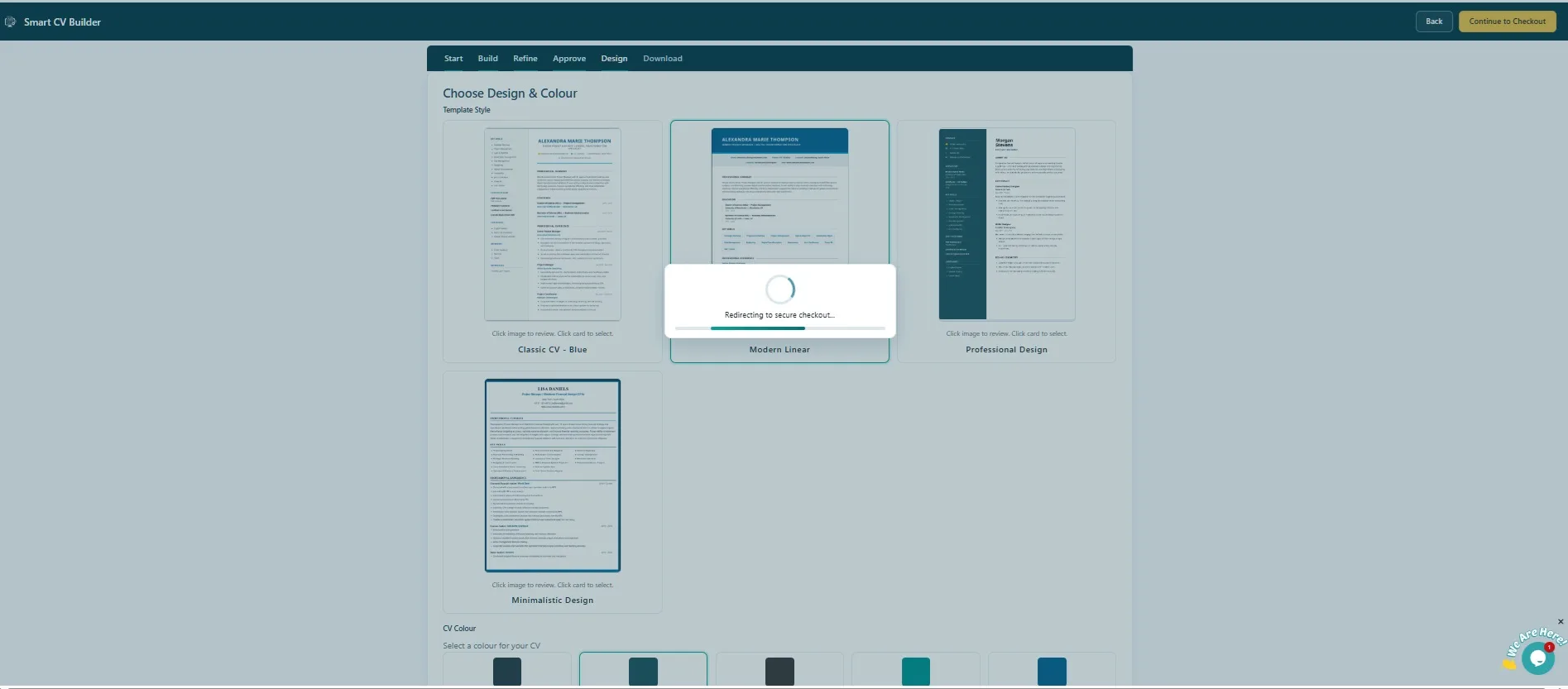 CV preview loaded showing Modern Linear Dark Green design with Peter Smith's details, professional summary and education