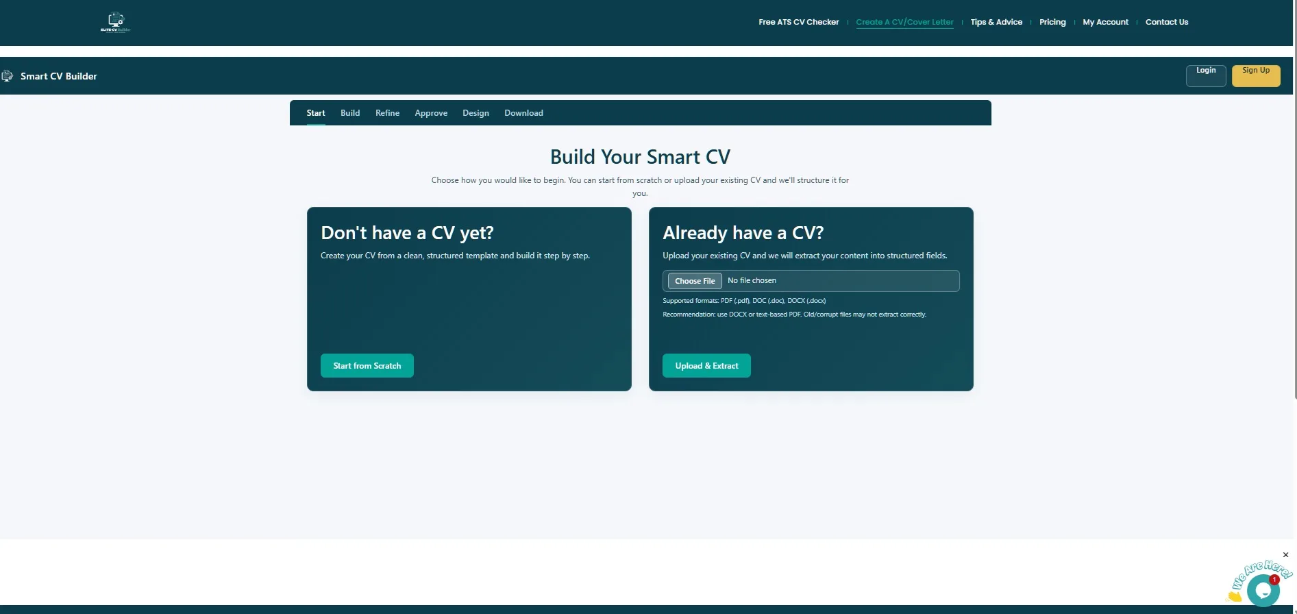 Build Your Smart CV screen showing Start from Scratch and Upload and Extract options