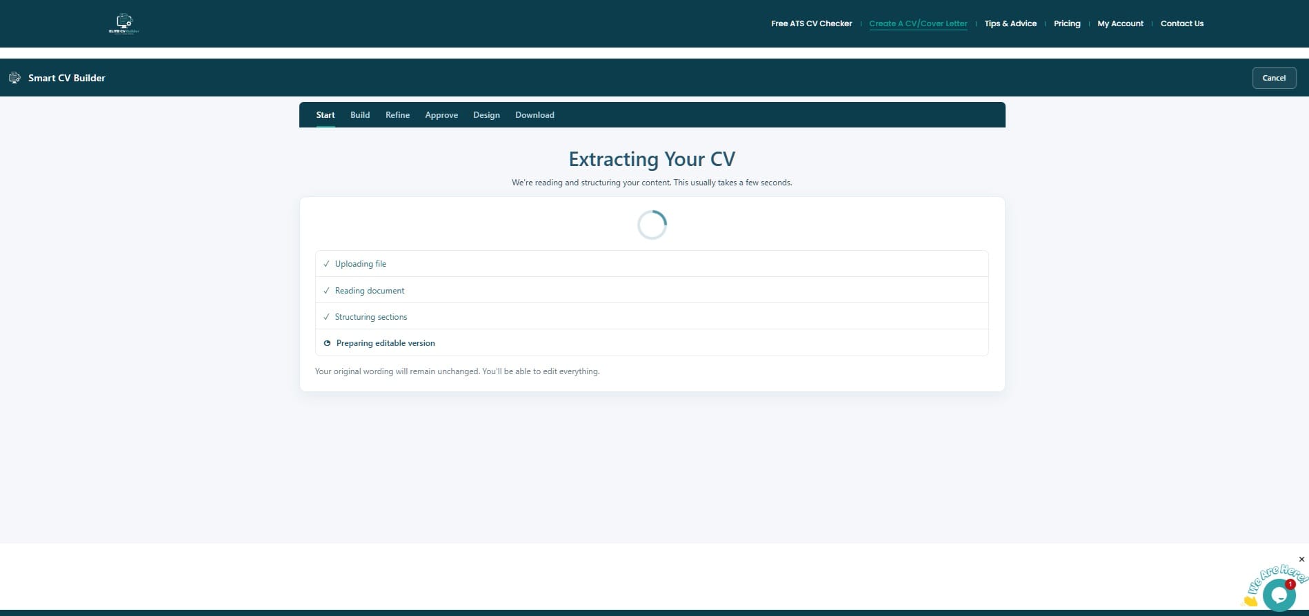 How to Create a Professional CV in Minutes | Smart CV Builder 4 Uploading your CV loading screen with spinner