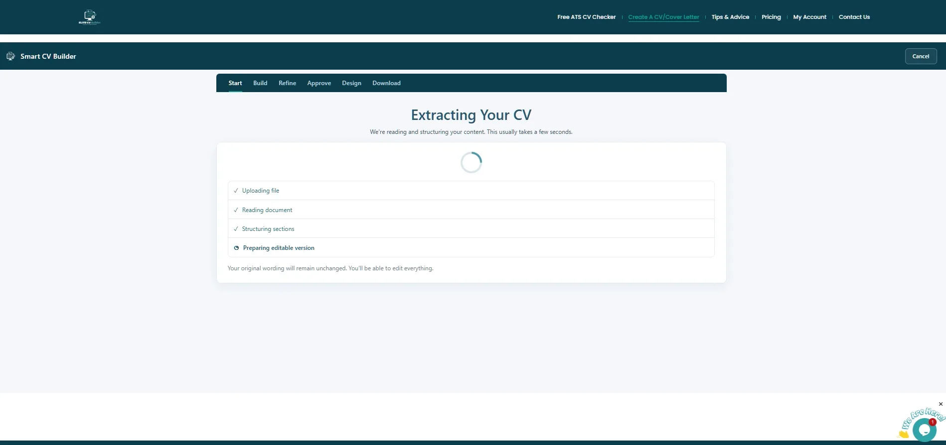 Uploading your CV loading screen with spinner