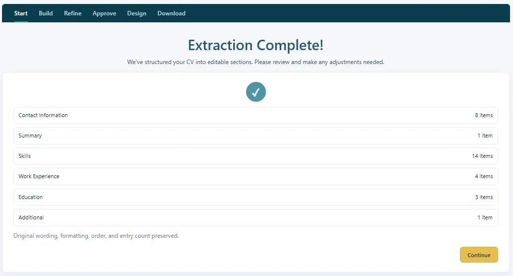 Extracting Your CV screen showing progress checklist with four steps