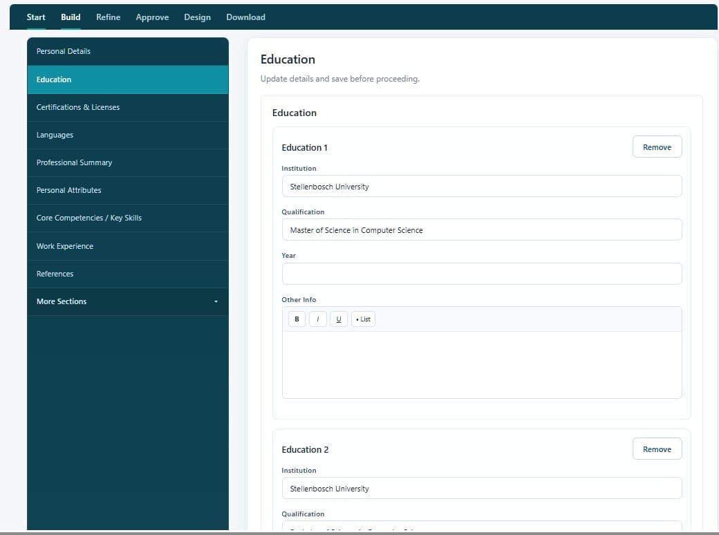 How to Create a Professional CV in Minutes | Smart CV Builder 6 Extraction Complete screen showing all CV sections with item counts and a Continue button