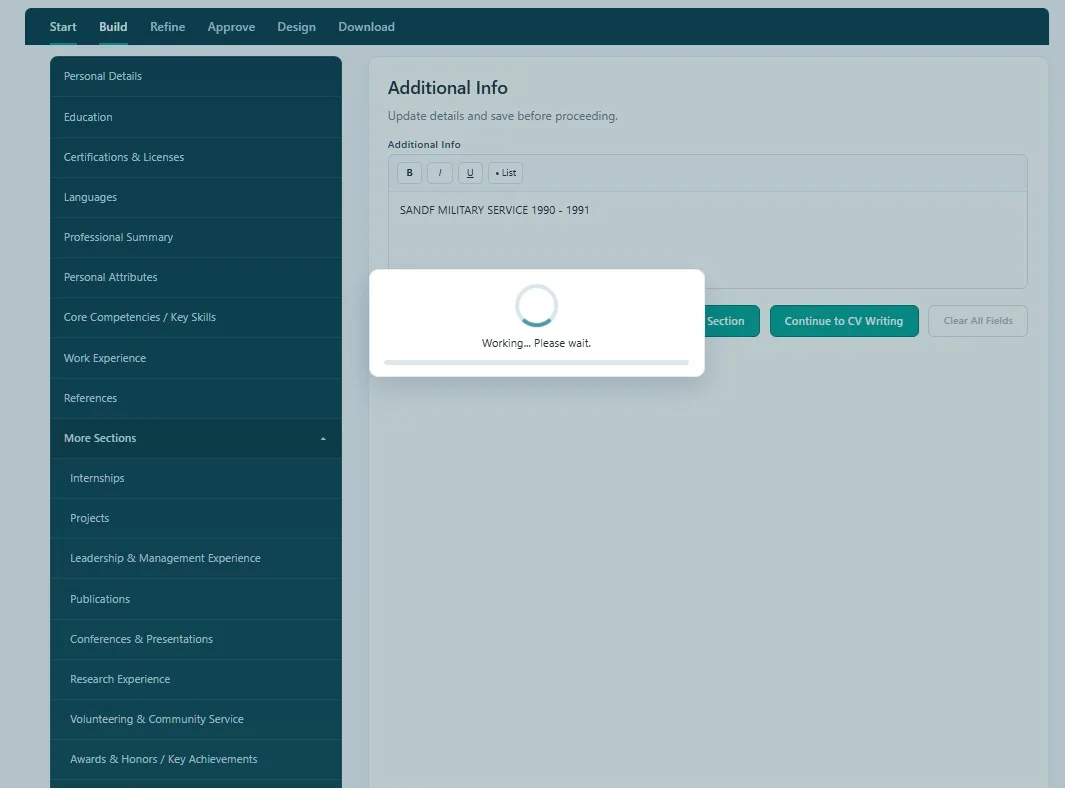 Build stage showing the Education section editor with navigation menu on the left