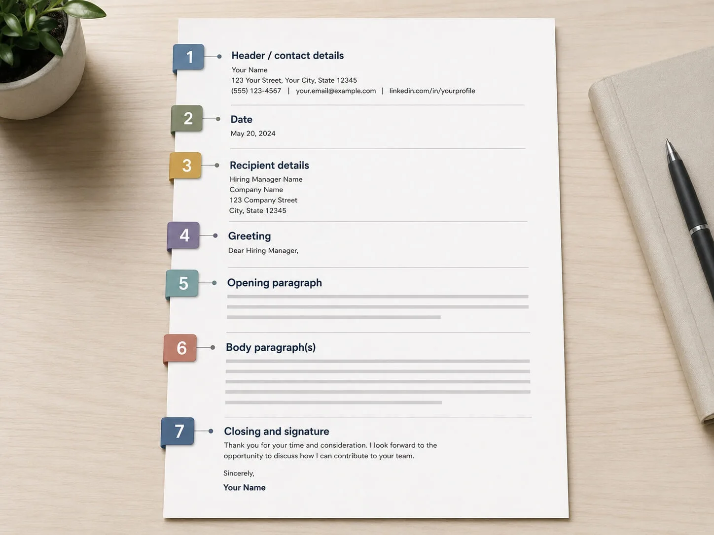 Cover letter structure laid out on a desk beside a printed CV and notepad