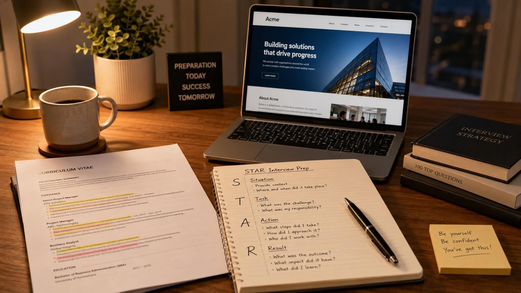 Candidate doing interview preparation with notes and CV before a job interview