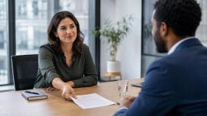 Salary negotiation meeting between a candidate and a UK hiring manager discussing a job offer