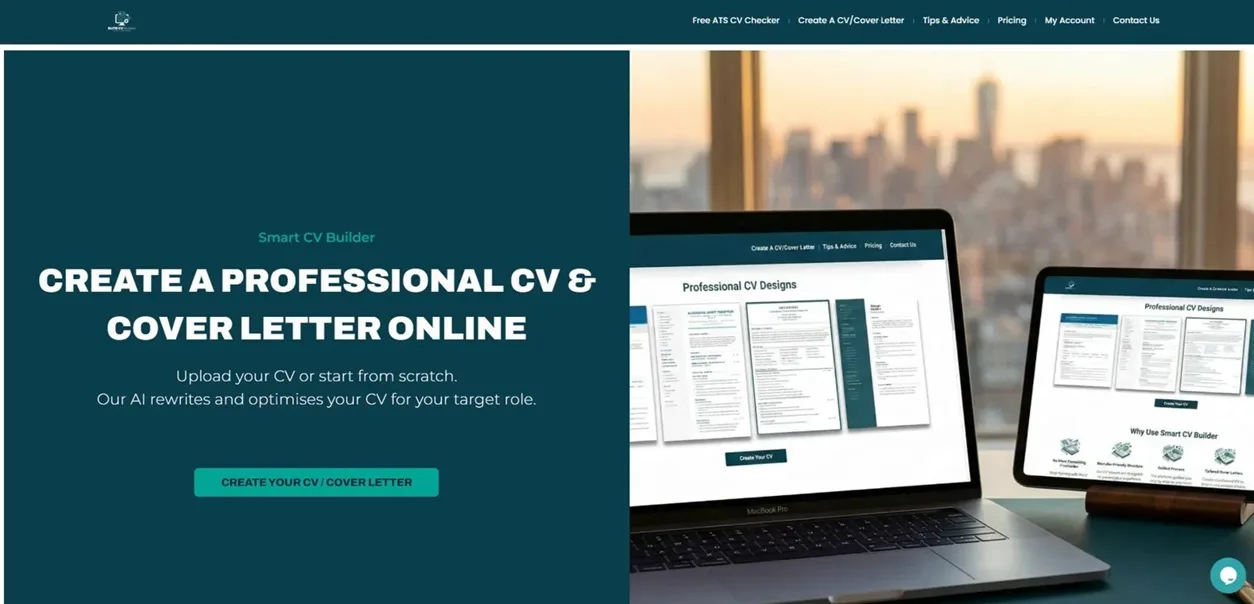 Smart CV Builder homepage with Create a Professional CV and Cover Letter headline