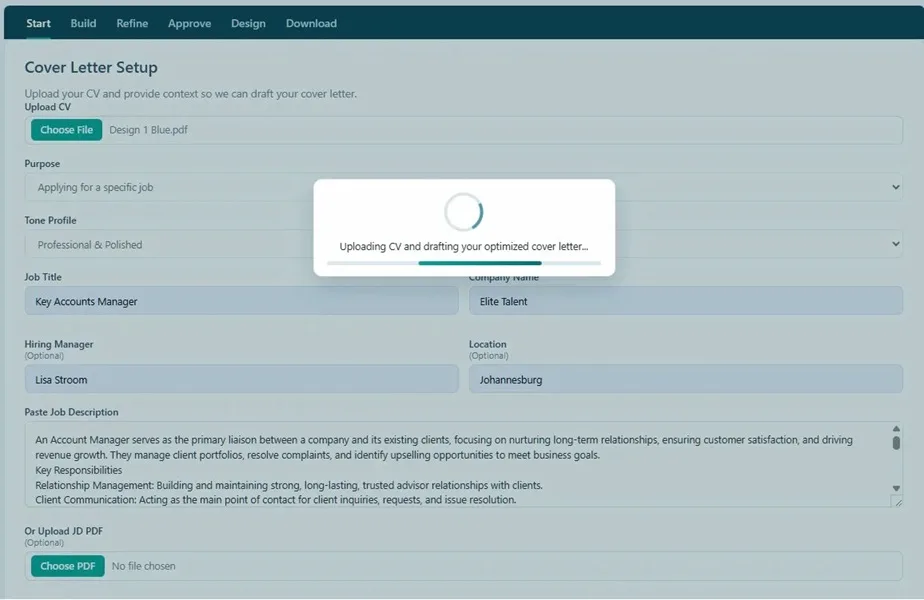 Loading screen with spinner and progress bar showing the cover letter being generated