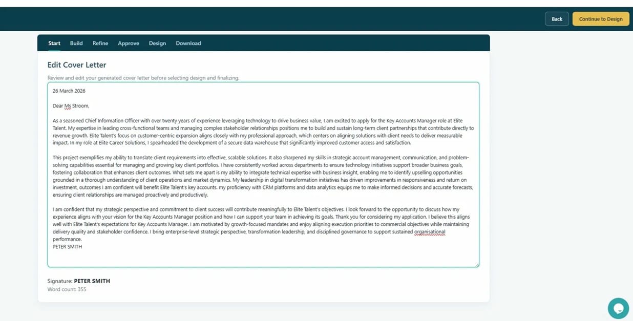 How to Generate a Professional Cover Letter in Minutes 10 Edit Cover Letter screen showing the AI-generated letter in an editable text area with word count shown