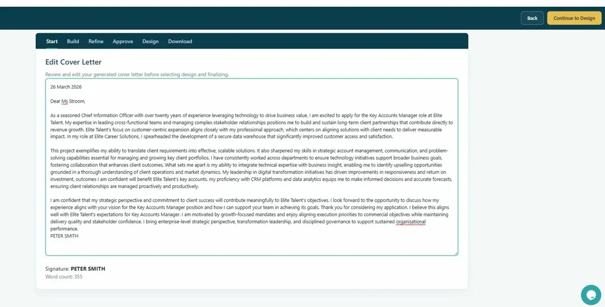 Edit Cover Letter screen showing the AI-generated letter in an editable text area with word count shown