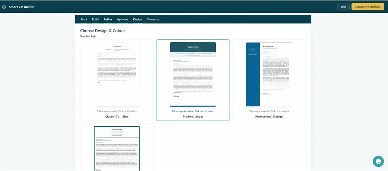 Design selection screen showing four cover letter templates — Classic CV Blue, Modern Linear, Professional Design, and Minimalistic Design