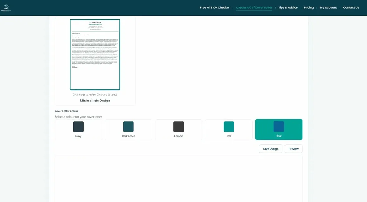 Colour selection panel showing Navy, Dark Green, Chrome, Teal and Blue swatches with Blue selected