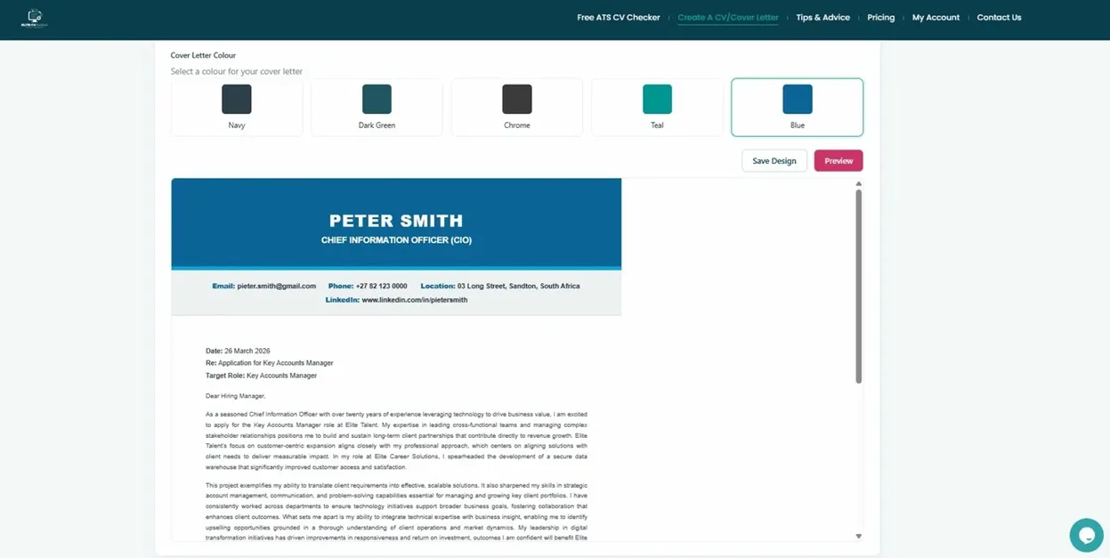 Live preview of the finished cover letter in Modern Linear Blue design, showing the header, contact details and letter body