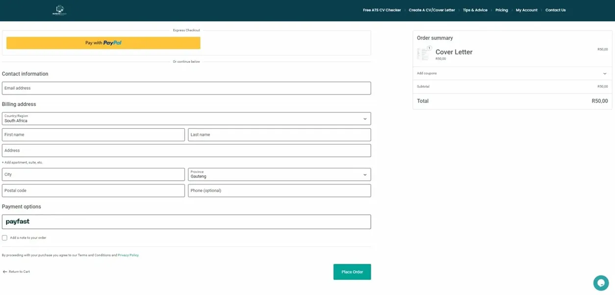 Checkout screen showing order summary of R50 for a Cover Letter, contact information fields, billing address, and PayFast payment option