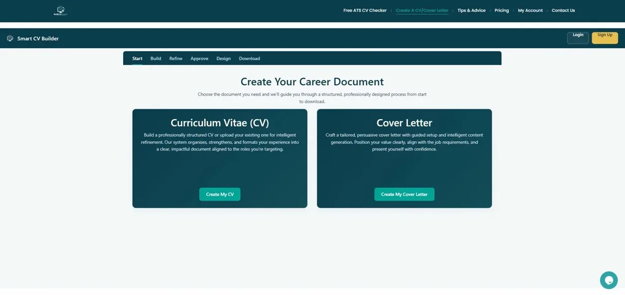 Document chooser screen with Curriculum Vitae and Cover Letter options