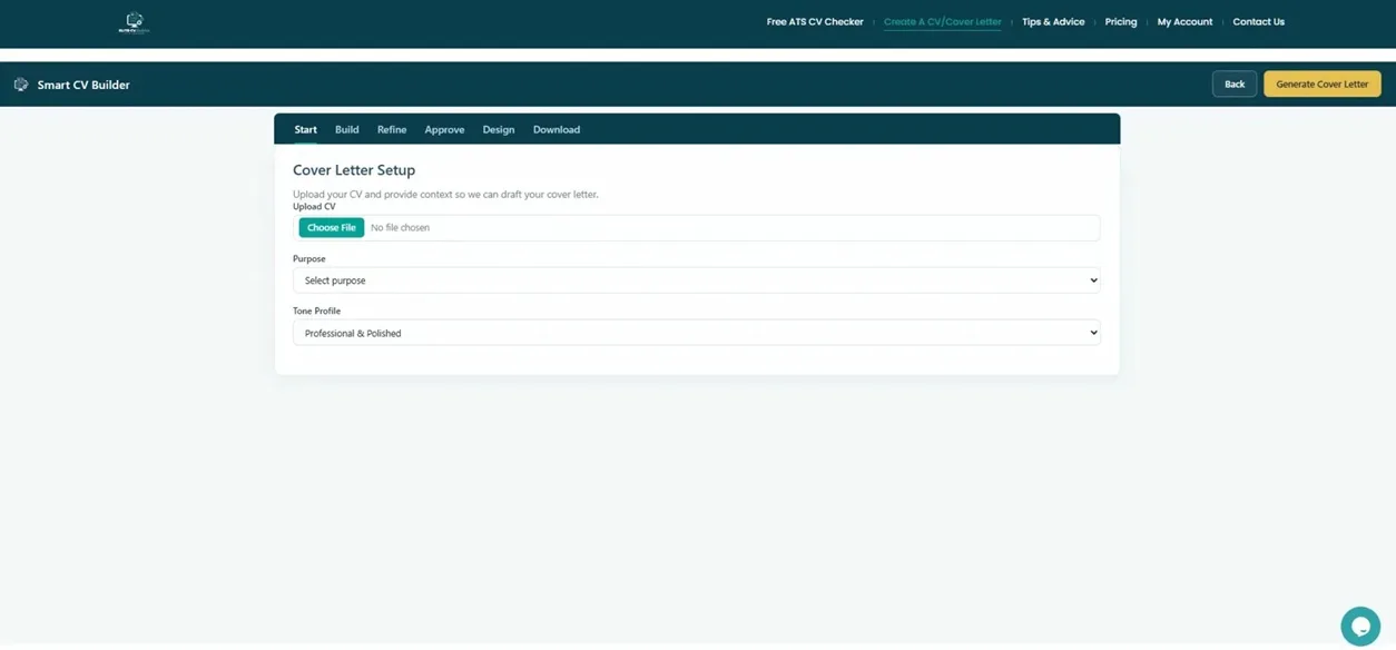 Cover Letter Setup screen with CV upload button, Purpose dropdown and Tone Profile dropdown
