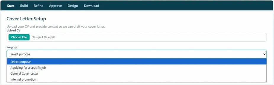 How to Generate a Professional Cover Letter in Minutes 4 Purpose dropdown open showing the three cover letter type options