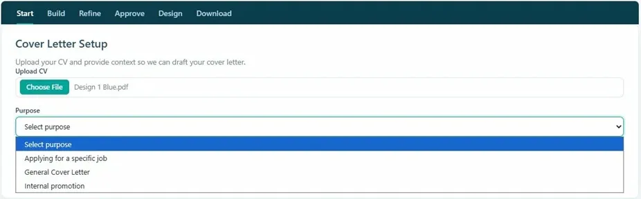 Purpose dropdown open showing the three cover letter type options