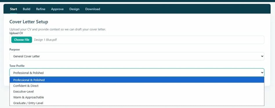 How to Generate a Professional Cover Letter in Minutes 7 General Cover Letter setup view showing only the Upload CV, Purpose and Tone fields