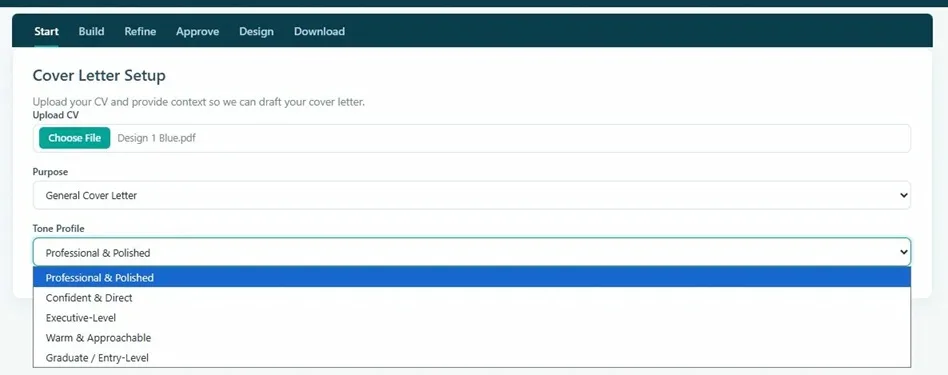 General Cover Letter setup view showing only the Upload CV, Purpose and Tone fields