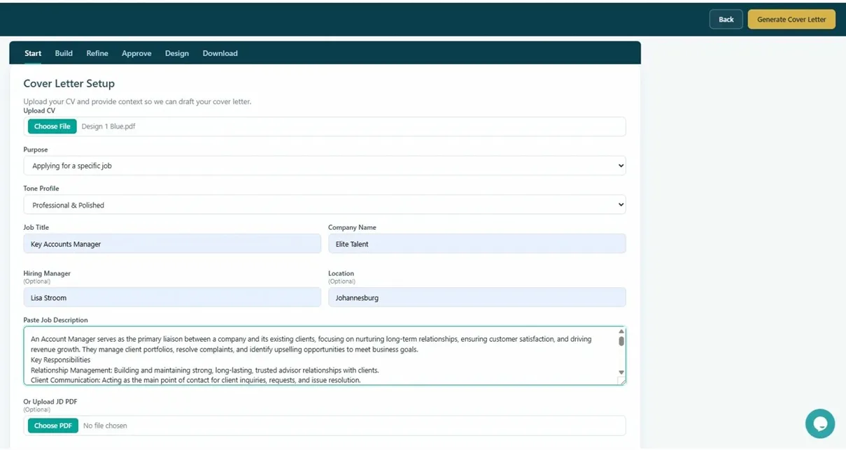 Cover Letter Setup screen fully completed with all job details filled in, ready to generate
