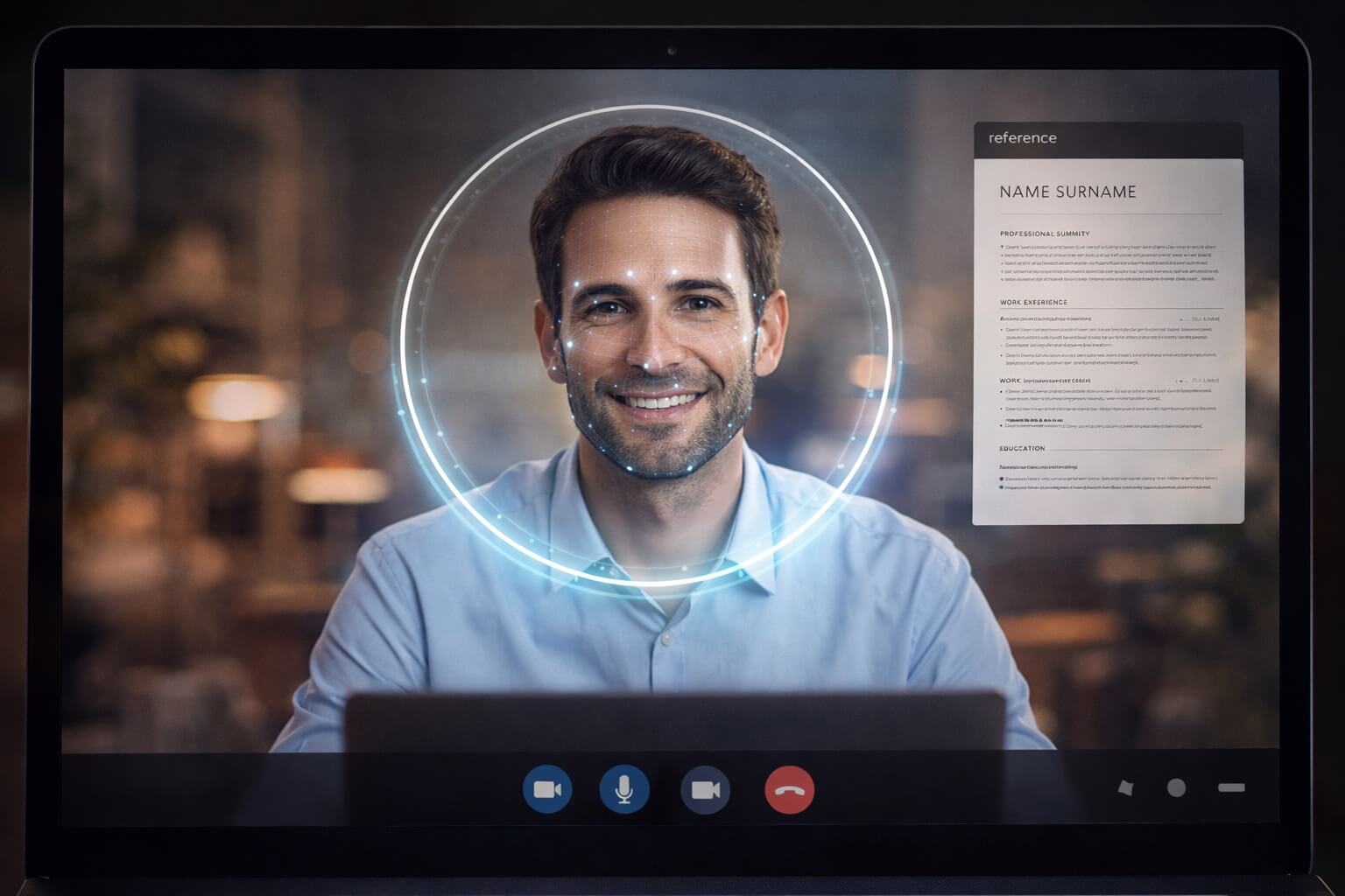 Video Interviews & AI Screeners: How Your CV Prepares You for What's Next. A candidate smiling at a laptop webcam during an AI-driven video interview with a subtle data-point overlay on the screen analyzing their responses.