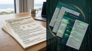 ATS-Friendly CV. A split-screen showing a professional CV on the left and a digital code overlay on the right highlighting keywords and data parsing for an Applicant Tracking System.