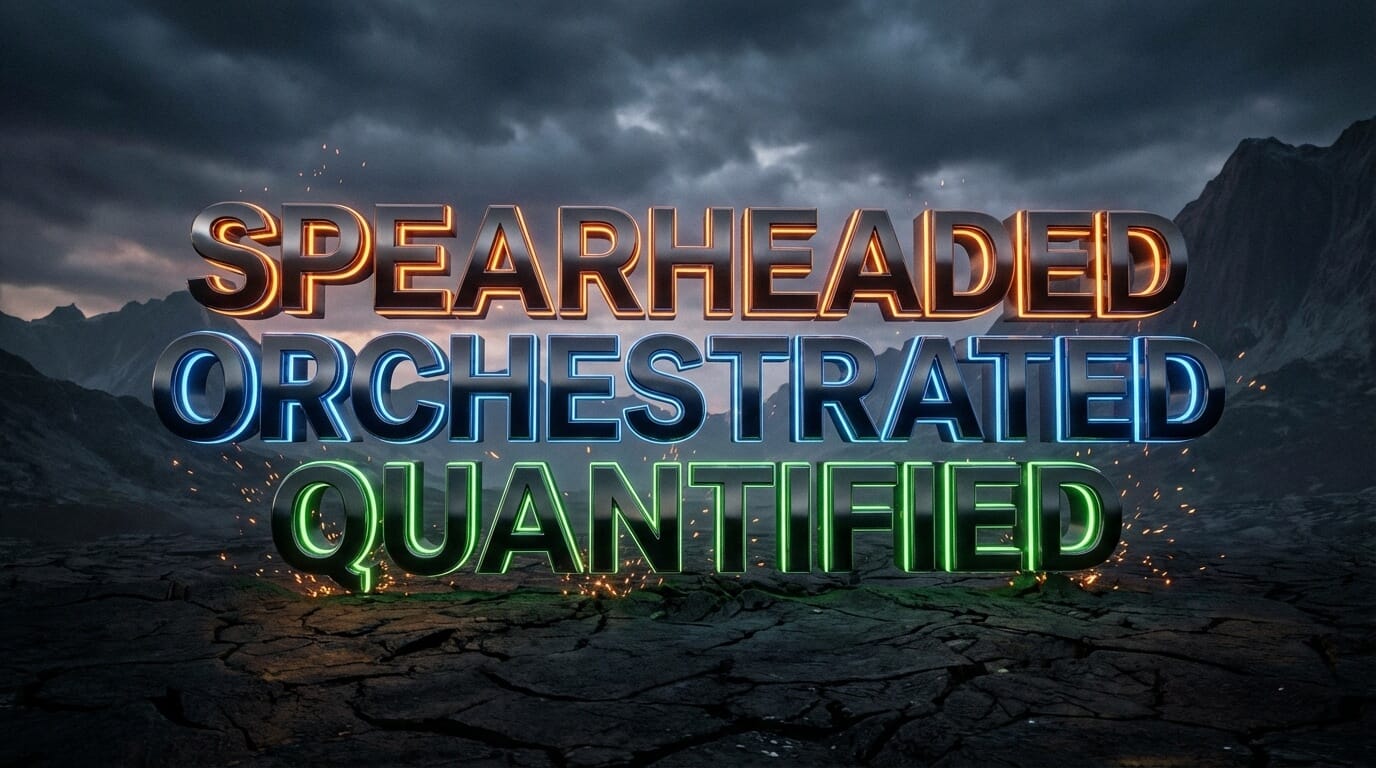 10 power verbs to transform your cv. Bold, 3D metallic typography featuring high-impact CV words like "Spearheaded," "Orchestrated," and "Quantified" on a dark, professional background.