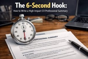 CV Professional Summary. A professional desk setup featuring a stopwatch pointing to the 6-second mark resting on a printed CV with the heading "Professional Summary" and a pen.